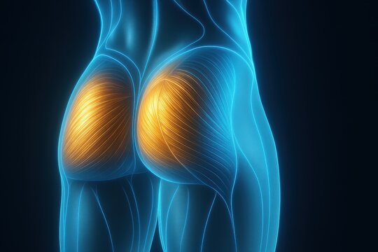 Anatomical view of the body, highlighting the gluteal muscles in a bright glow.
