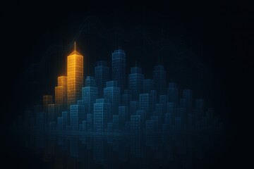 Obraz premium Futuristic city skyline with one building glowing, reflecting on the surface.