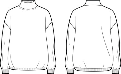 Oversized turtleneck sweatshirt front and back view, cozy winter fashion design, minimalist clothing sketch, vector CAD drawing flat illustration