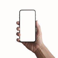 A human hand holding a smartphone with blank white screen