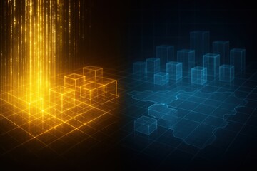 Abstract digital grid with illuminated blocks showcasing data and information.