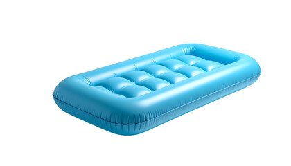 Bright blue rectangular inflatable float with a quilted top sits against a stark black background