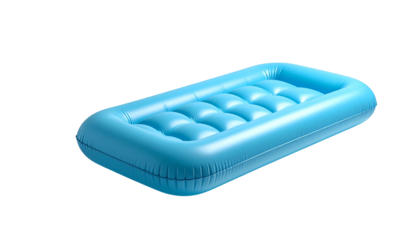 Bright blue rectangular inflatable float with a quilted top sits against a stark black background