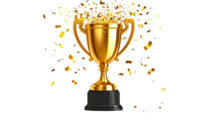A gleaming gold trophy with confetti raining down, against a black background
