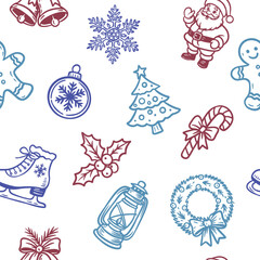 Seamless vector Christmas pattern with Santa, snowflakes, gifts, and decorations. Great for wrapping paper, textile prints, wallpaper, and holiday projects