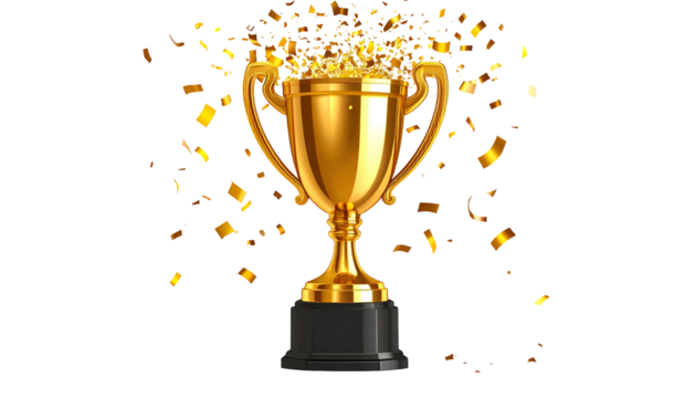 A gleaming gold trophy with confetti raining down, against a black background