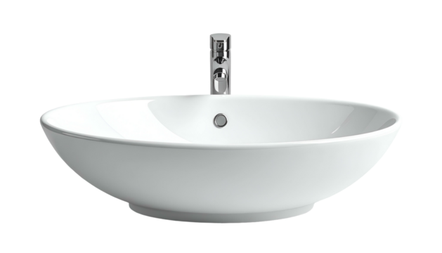 A sleek, white, oval-shaped porcelain sink with chrome faucet, isolated on black