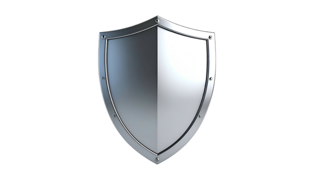 A metallic, silver-colored shield with a raised border and rivets, isolated on black