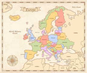 Map of Europe Vintage textured. Vector Colored Ancient looking Map