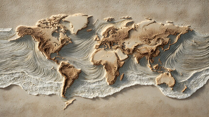 Artistic sand relief world map with ocean waves symbolizing peace balance and International Day of Neutrality concept of harmony and global unity
