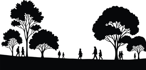 People walking in park under trees, silhouette illustration, outdoor nature background, relaxing stroll, community life, peaceful environment, leisure activity scene