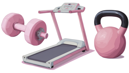 Pink Dumbbell, Treadmill and Kettlebell Gym Equipment on Backdrop