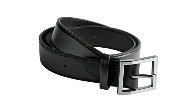 A shiny black leather belt with a silver rectangular buckle, spiraling on a dark backdrop