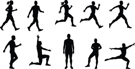 Silhouette of men walking running jumping posing isolated on white background, active people motion, fitness exercise, modern lifestyle concept