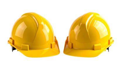 Two side-by-side yellow safety helmets, isolated on a black background, pristine and clean