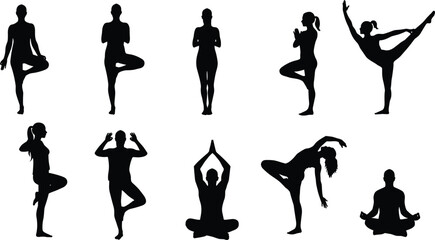 Silhouette of women practicing yoga poses and meditation on white background, fitness, balance, relaxation, mindfulness, healthy lifestyle, calm body posture