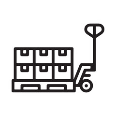 Warehouse pallet jack lifting stacked cardboard boxes on a wooden pallet