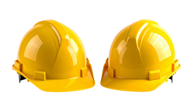 Two side-by-side yellow safety helmets, isolated on a black background, pristine and clean