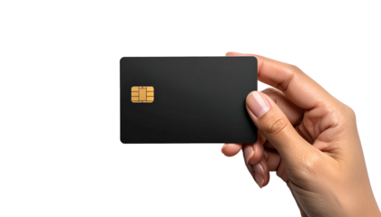 Hand holding a sleek, blank black card with a golden chip against a black background
