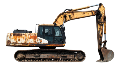 Weathered, yellow and brown construction excavator against a solid black background