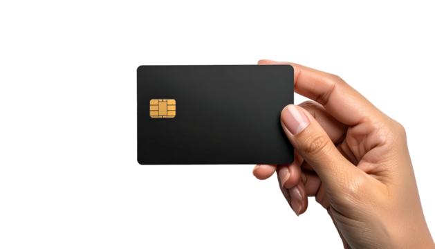 Hand holding a sleek, blank black card with a golden chip against a black background