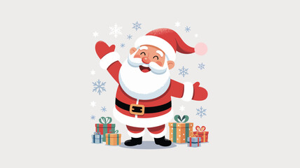  Cartoon Santa Claus with raised arms surrounded by colorful gift boxes, snowflakes, and light gray festive background for Christmas cheer