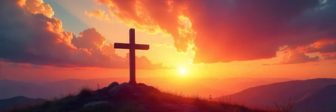 A symbolic Easter sunrise depicting new life and hope, with a cross silhouetted against the vibrant sky The image evokes themes of resurrection and spiritual renewal , sunrise, mercy, hope