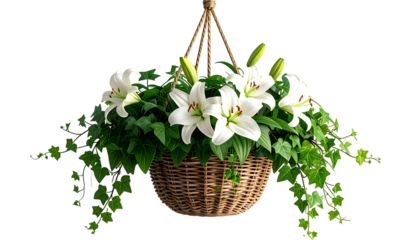 A hanging basket of white lilies, green foliage, and woven wicker, isolated on black