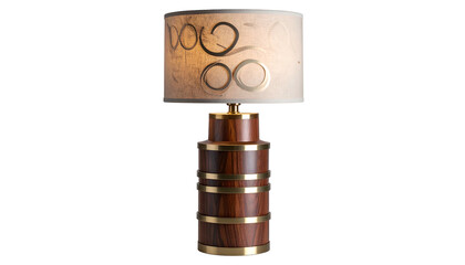 A detailed studio shot of an illuminated lamp with a dark wooden base, brass accents, and patterned shade