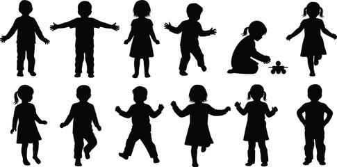 Silhouette of children playing and walking in different poses, cute kids activity illustration, happy childhood concept, black vector design art