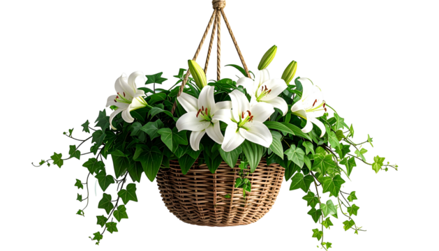A hanging basket of white lilies, green foliage, and woven wicker, isolated on black