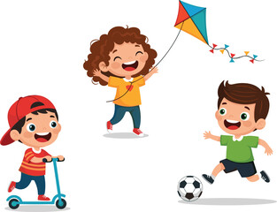 Happy kids playing outdoors, children flying kite, riding scooter, and playing soccer, fun cartoon illustration of active childhood activities