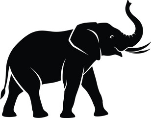 Black elephant silhouette with raised trunk, elegant wildlife vector illustration, African elephant graphic design for logo, tattoo, and decoration use