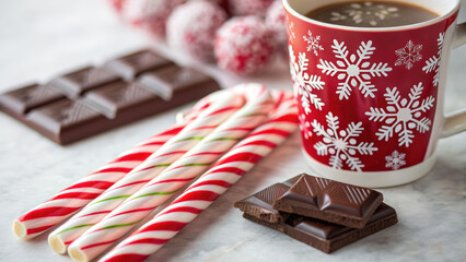 Hot chocolate in festive mug with peppermint candy cane and dark chocolate bar on marble table, cozy holiday vibe and warm glow
