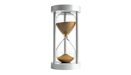 A classic hourglass with sand flowing from top to bottom against a stark black background