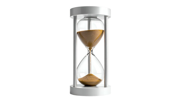A classic hourglass with sand flowing from top to bottom against a stark black background - Powered by Adobe