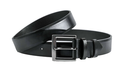 Sleek, black leather belt with a square, metallic buckle against a black background