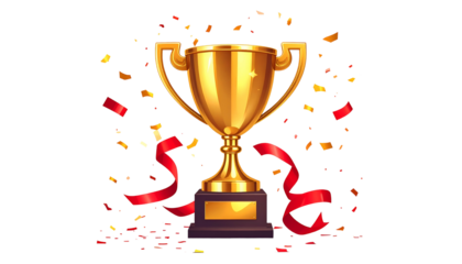 Gold trophy with red ribbon & confetti, black background, celebratory, win
