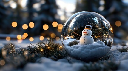 Snowflakes gently fall around a snowman in a glass globe, illuminated by soft bokeh lights, ideal for winter holiday greetings