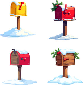Winter mailboxes collection in snow, different colorful post boxes in red, yellow and brown tones, holiday communication theme illustration
