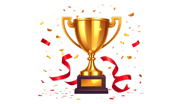 Gold trophy with red ribbon & confetti, black background, celebratory, win