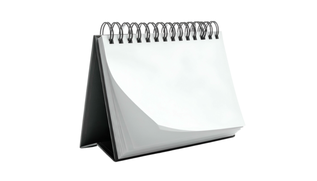 Desk calendar, blank pages, spiral bound, angled for viewing against a black background