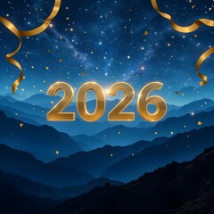Celebrate the New Year with dazzling golden confetti and ribbons against a starry night sky