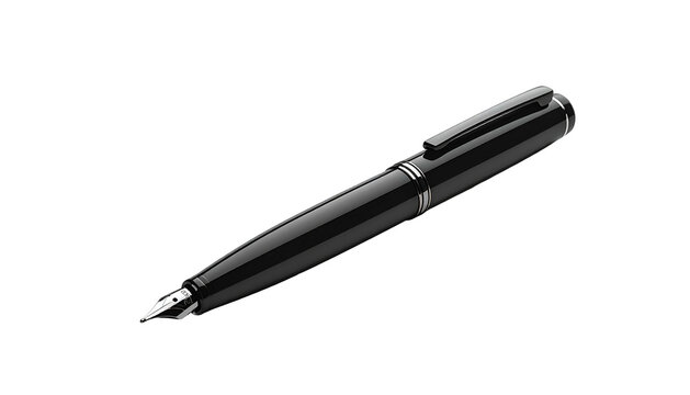A sleek black fountain pen, angled and glossy, poised against a dark background