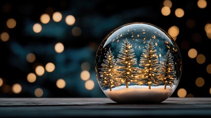 Fototapeta premium A beautifully crafted glass ornament hangs over a blue backdrop, adorned with glowing lights and delicate snowflakes, perfect for holiday cards