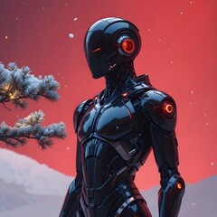 Sleek futuristic android stands against a vibrant red sunset sky with snowy branches