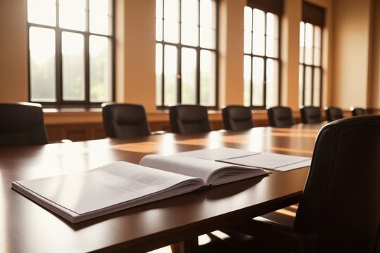 Repr&auml;sentativer Konferenzraum mit gro&szlig;em Holztisch und Chefsesseln Dokumente bereit f&uuml;r ein wichtiges Meeting Gerichtssaal oder Verhandlungssituation