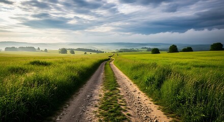 Obraz premium Country Road with Green Fields, and Summer.