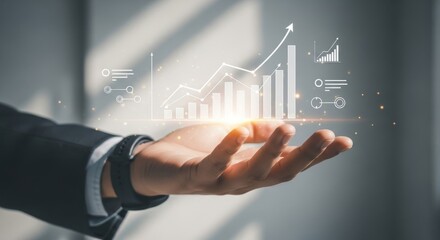 Hand Holding Holographic Increasing Graph Representing Financial Success and Data Analytics Visualization