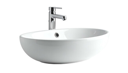Fototapeta premium A clean, white, oval ceramic basin with a modern chrome faucet against a black background